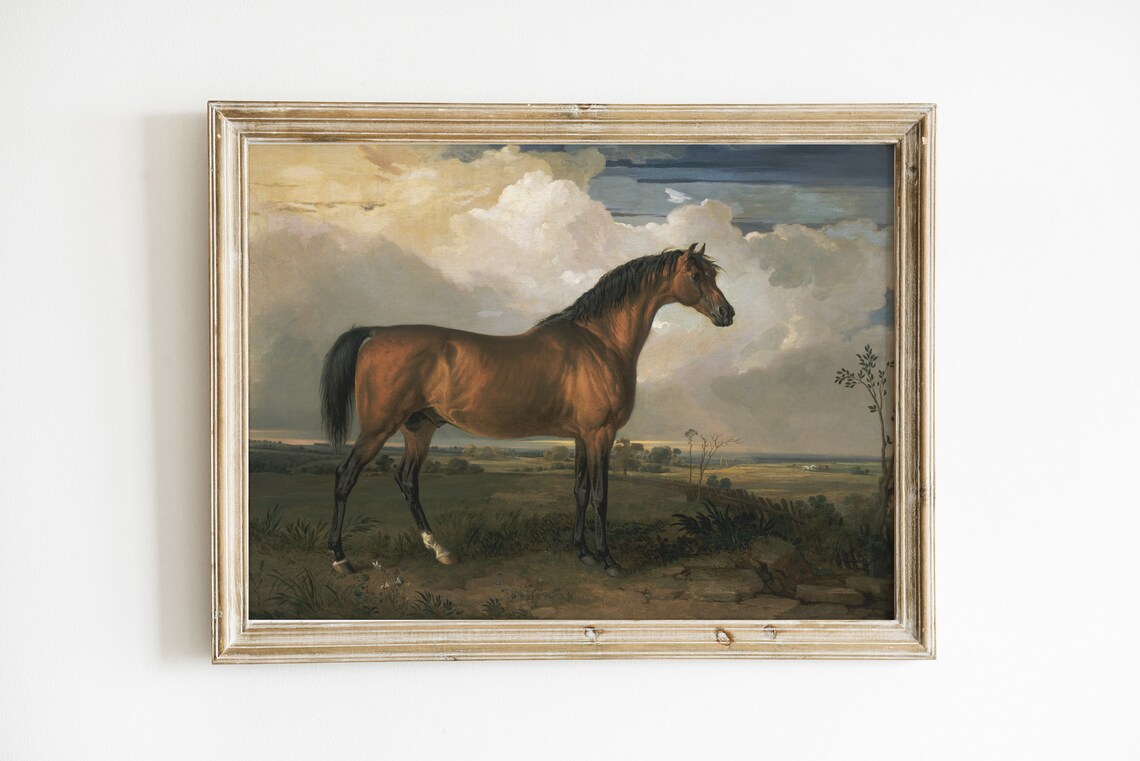 Vintage Bay Horse Portrait Equestrian Oil Painting Landscape Wall Art - Image 2
