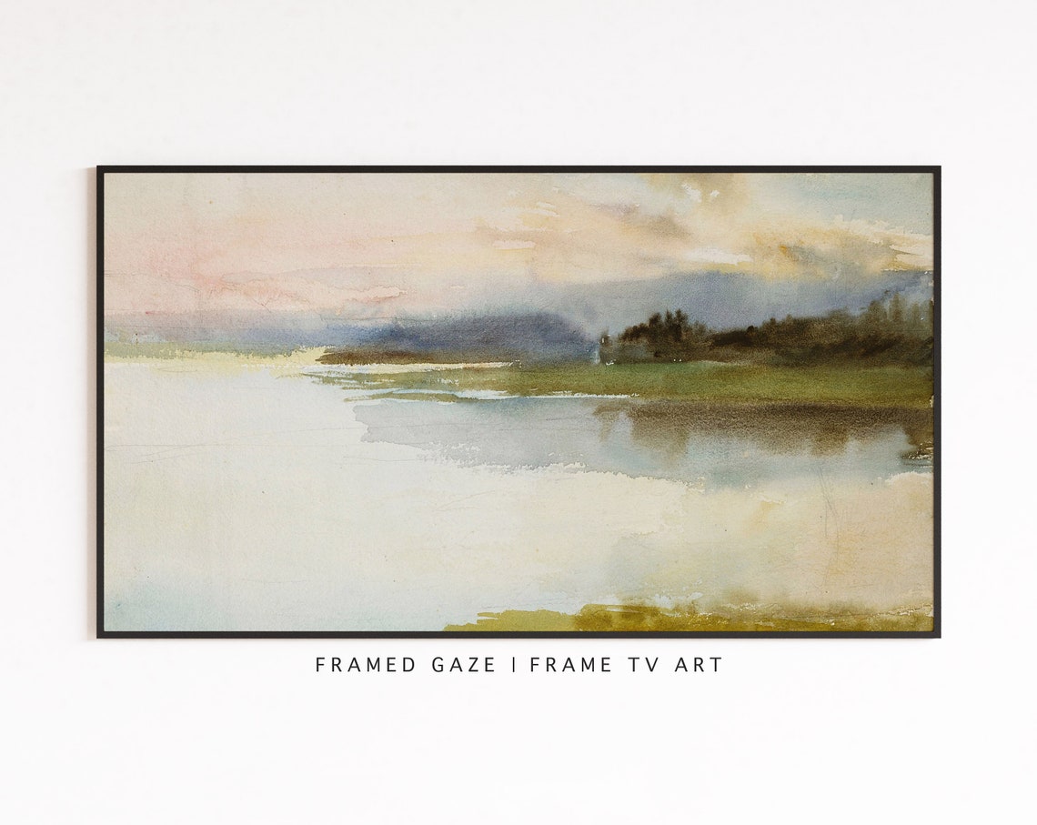 Dusk Lake Golden Pink Sky Reflections Calm Watercolor Poster - Image 2