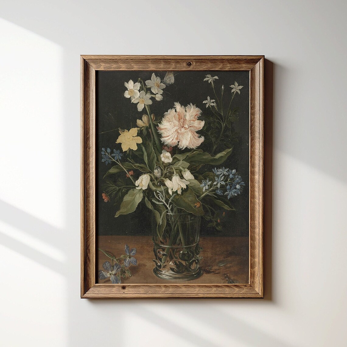 Vintage Dutch Floral Still Life Glass Vase Oil Painting Wall Art