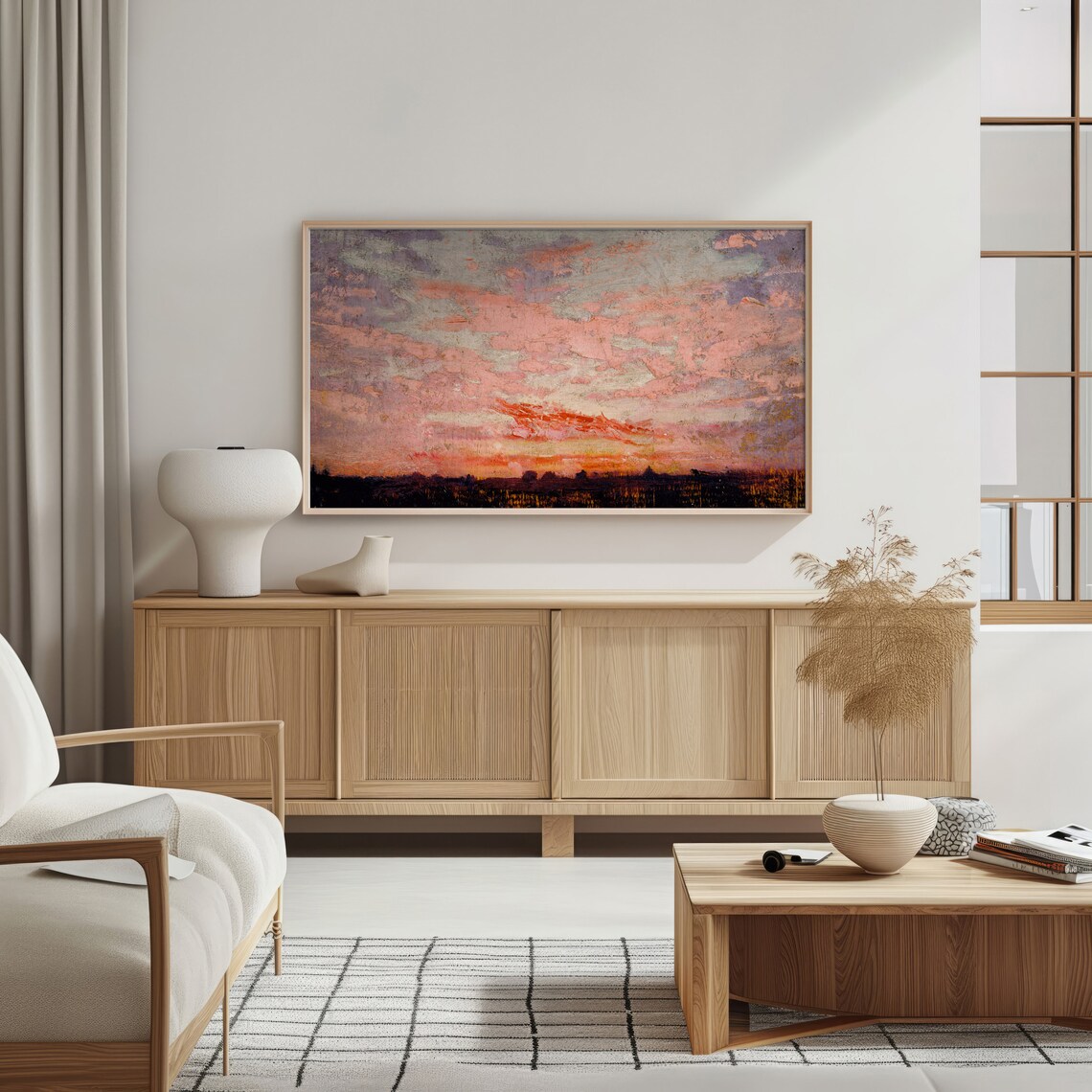 Vintage Sunset Sky Coral Rose Gold Field Impressionist Evening Painting Poster - Image 4