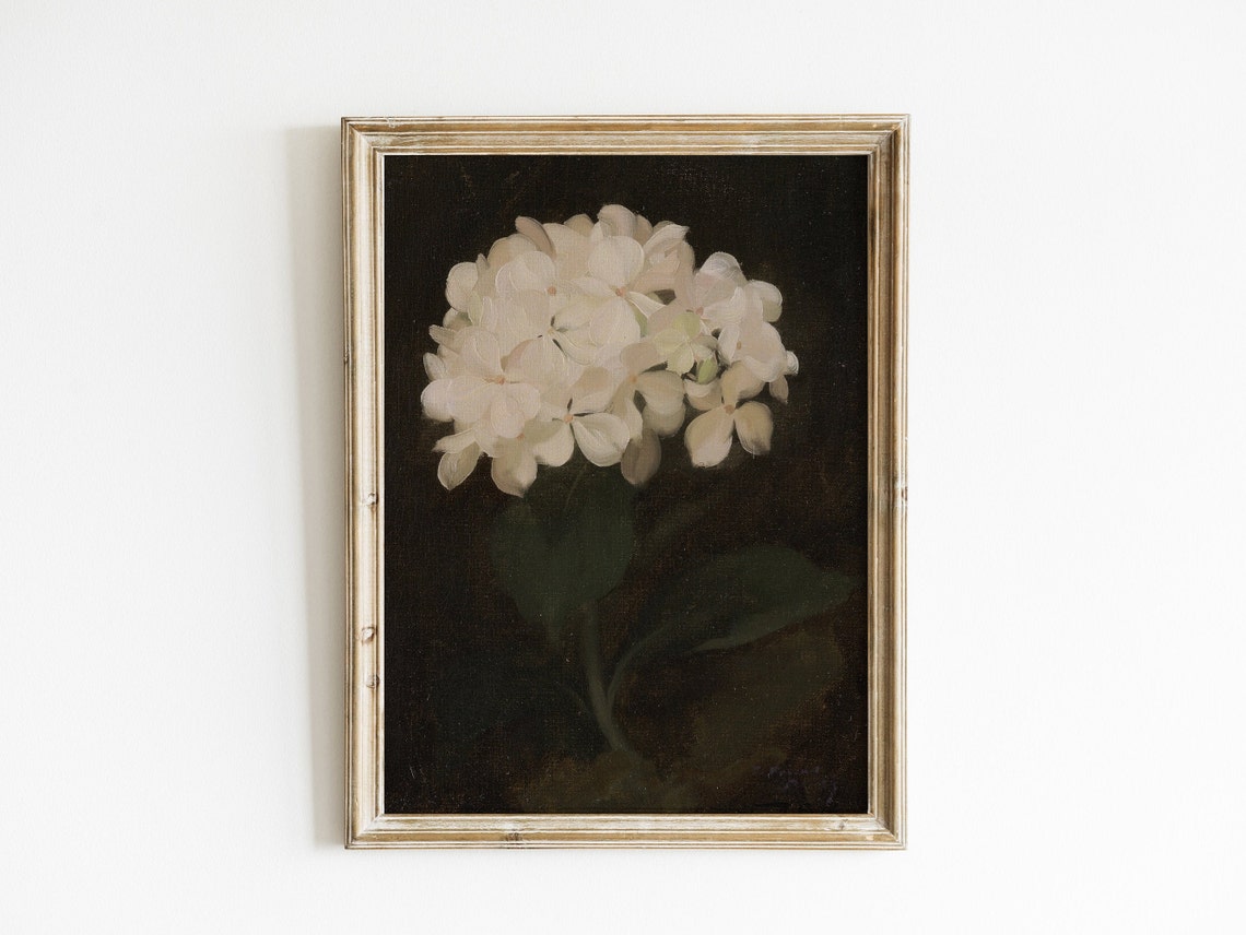 White Hydrangea Oil Painting Dark Background Vintage Floral Wall Art