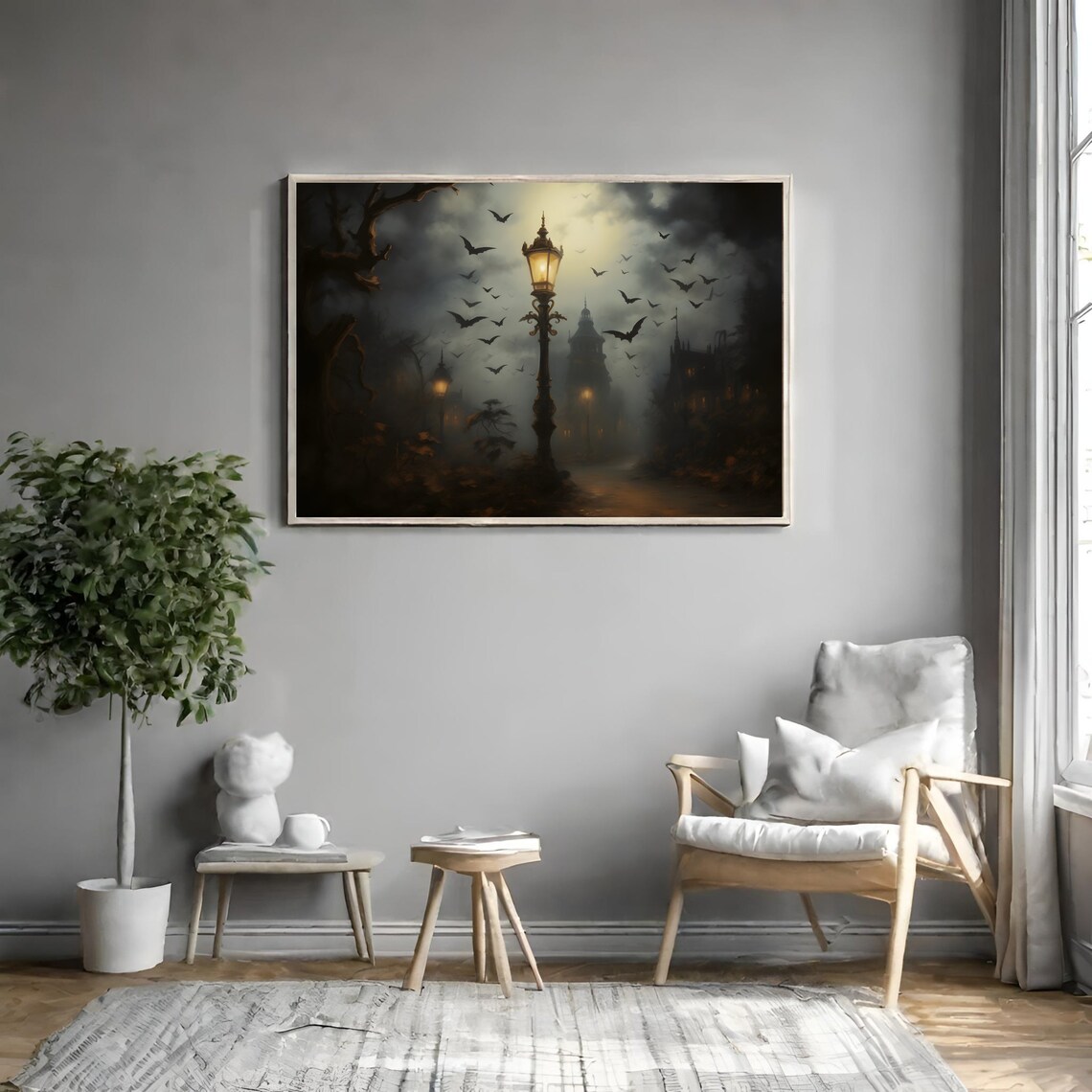 Gothic Street Lamp Bats Misty Night Victorian Spooky Town Poster - Image 3