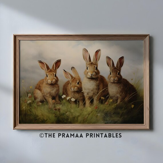Brown Rabbits In Wildflower Meadow Vintage Animal Painting Wall Art