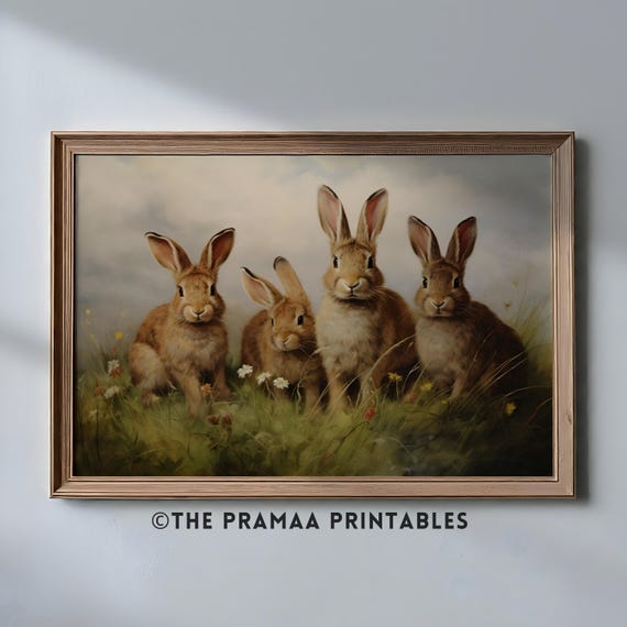 Easter Bunny Family Painting Landscape Cute Rabbits Wall Art Vintage Woodland Nursery Print Nature Spring Wall Decor Ew10