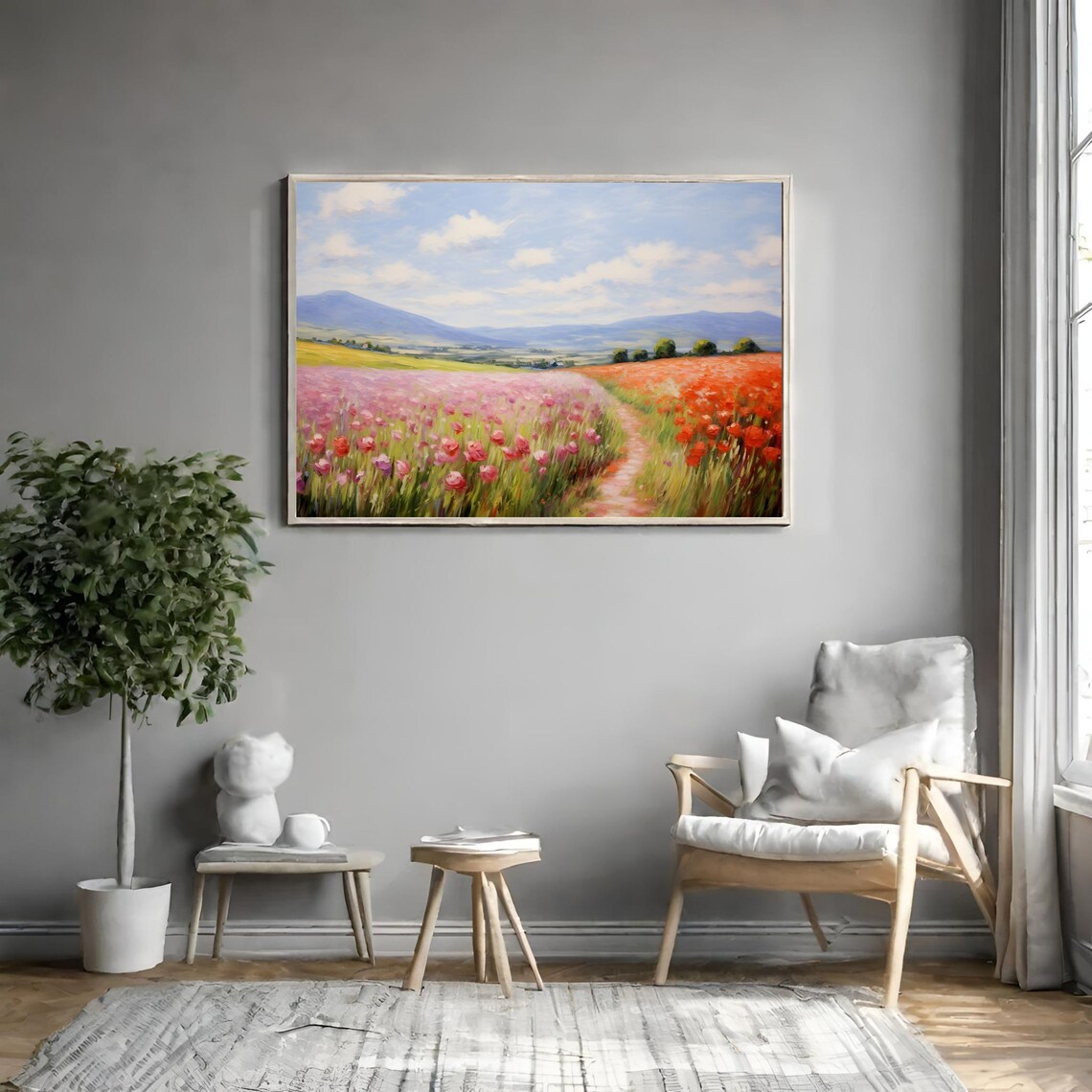 Antique Wildflower Field Oil Painting Vintage Landscape Spring Wall Art Country Cottage Print Farmhouse Decor - Image 3