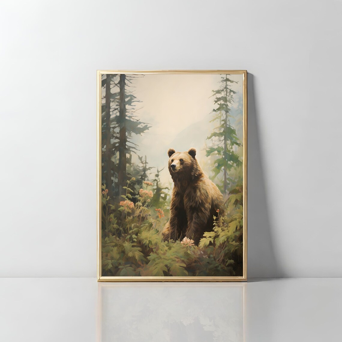 Brown Bear in Pine Forest Wildflower Meadow Oil Painting Poster - Image 2