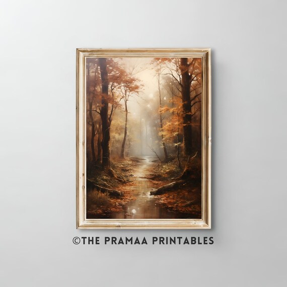 Vintage Forest Wall Art Rustic Fall Oil Painting Antique Autumn Moody Print Nature Poster Instant Thanksgiving Decor Aw7