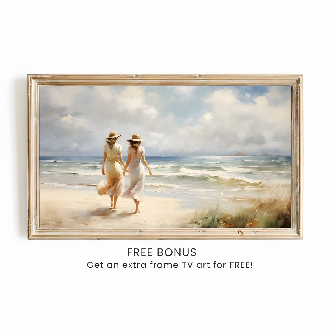 Two Women Walking on Sunny Beach Vintage Seaside Painting Poster - Image 2