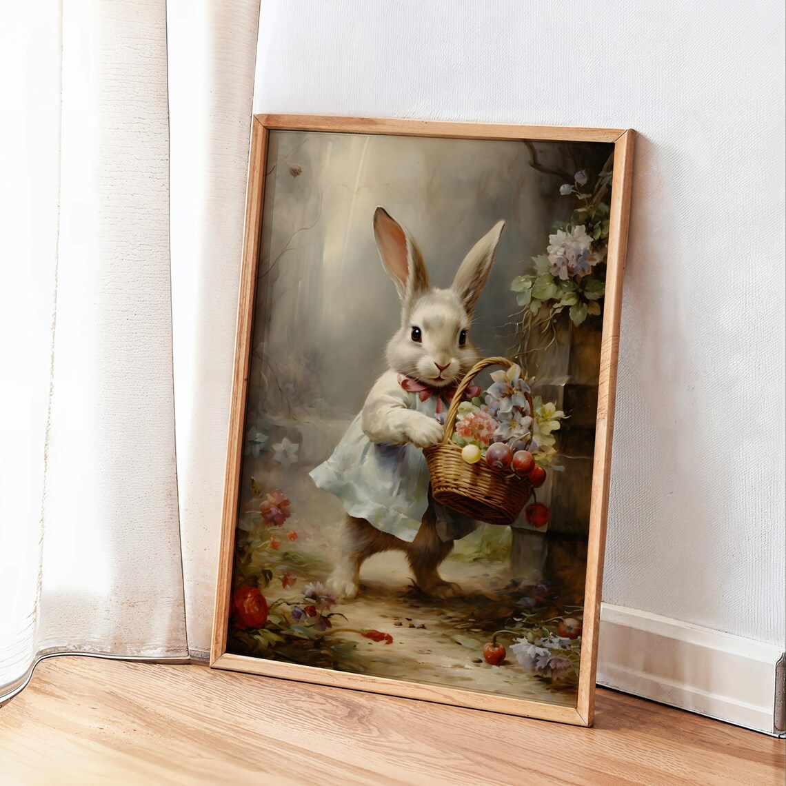 White Bunny in Blue Dress Carrying Flower Basket Vintage Poster - Image 3