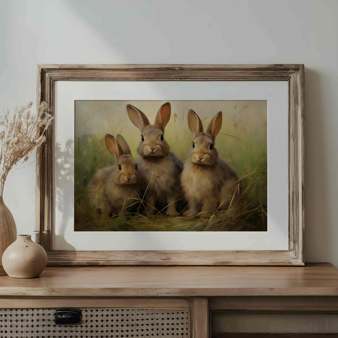 Three Young Rabbits in Green Grass Warm Vintage Bunny Poster - Image 3