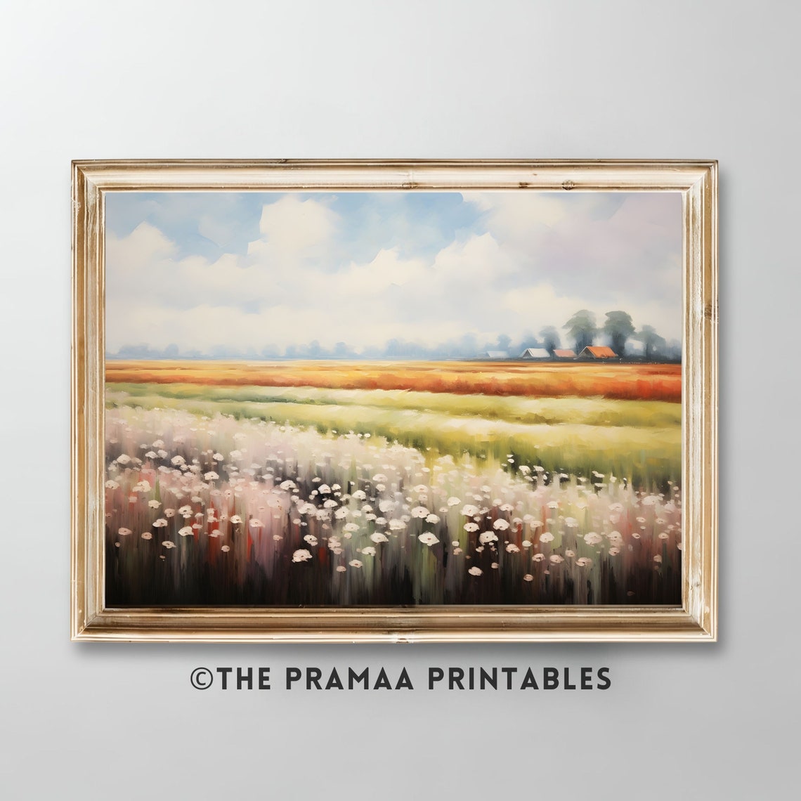 Wildflower Field Oil Painting Antique Spring Landscape Wall Art Country Field Vintage Poster Farmhouse Print