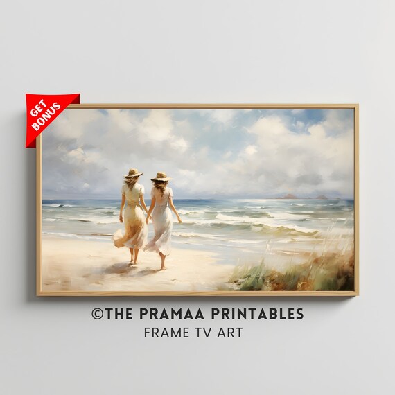Two Women Walking on Sunny Beach Vintage Seaside Painting Poster