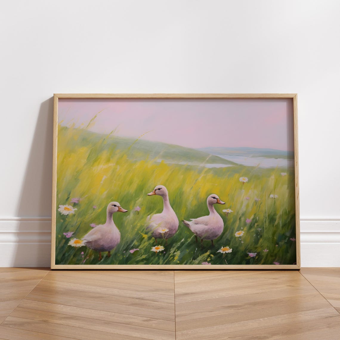 Three White Ducks in Green Meadow Vintage Spring Duck Poster - Image 3