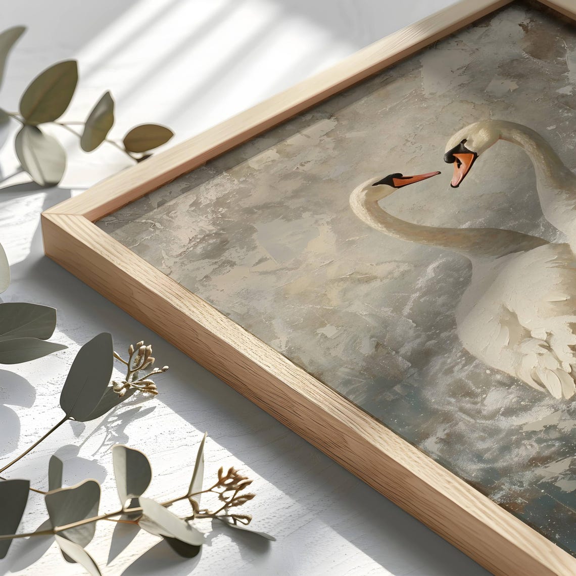 Two White Swans in a Heart Shape Romantic Bird Painting Poster - Image 2