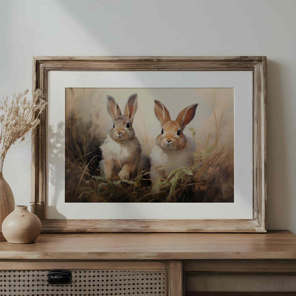 Easter Bunny Painting Landscape Cute Rabbits Wall Art Pastel Spring Wall Decor Rustic Woodland Animal Nursery Print Ew25 - Image 3