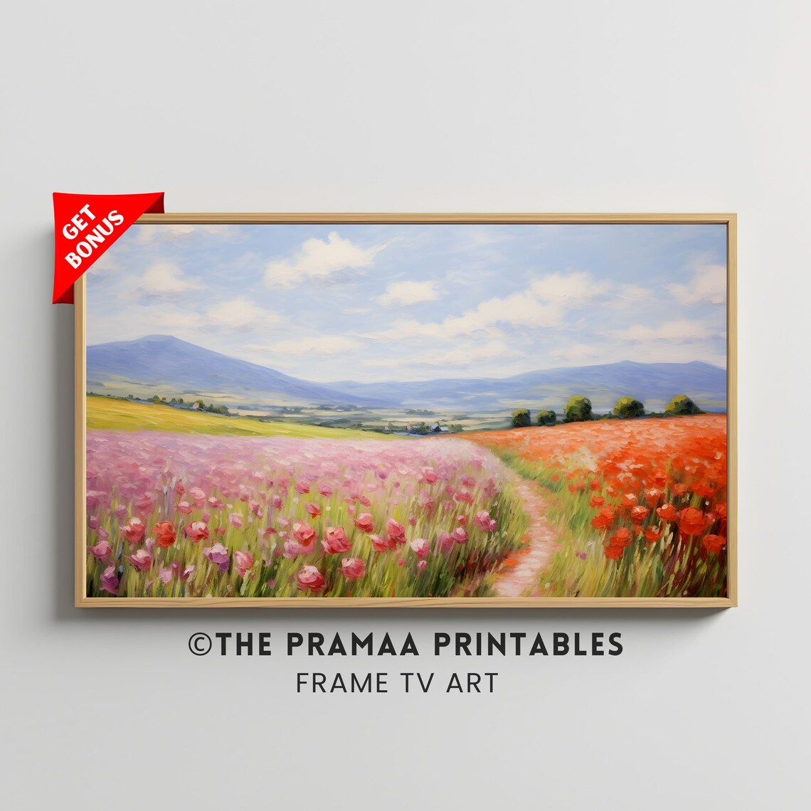 Spring Frame Tv Art Wildflower Field Landscape Oil Painting Vintage Farmhouse Decor Antique Country Cottage Art