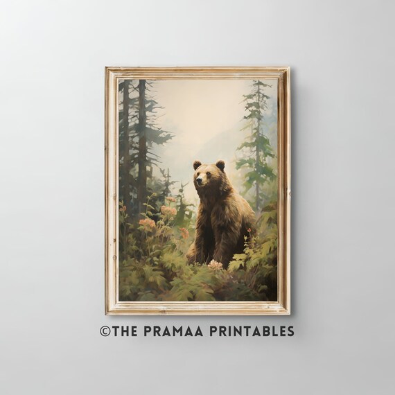 Brown Bear in Pine Forest Wildflower Meadow Oil Painting Poster