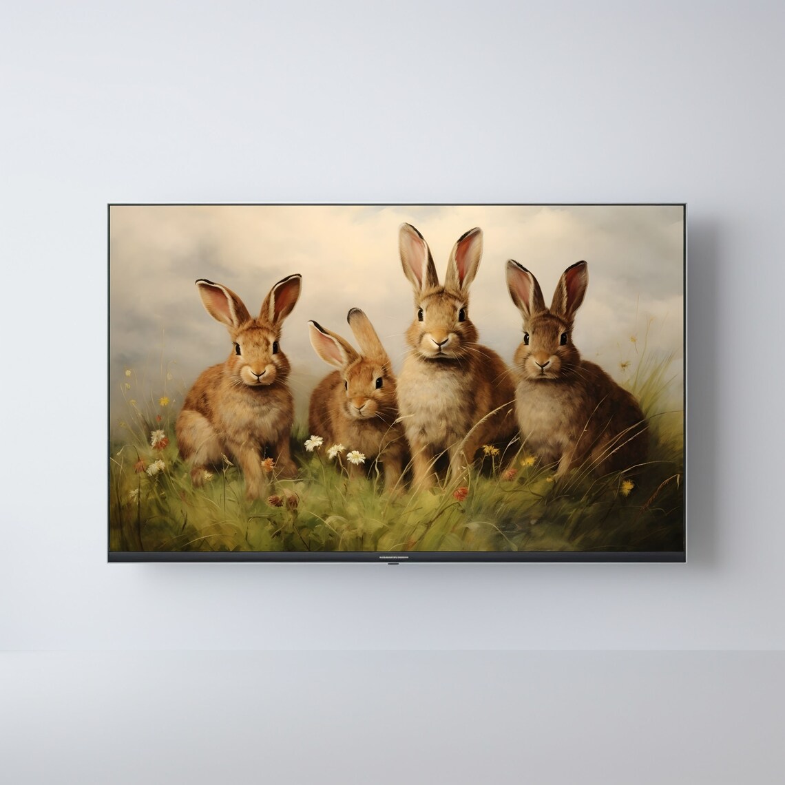 Four Vintage Rabbits Meadow Scene Classic Animal Painting Wall Art - Image 2