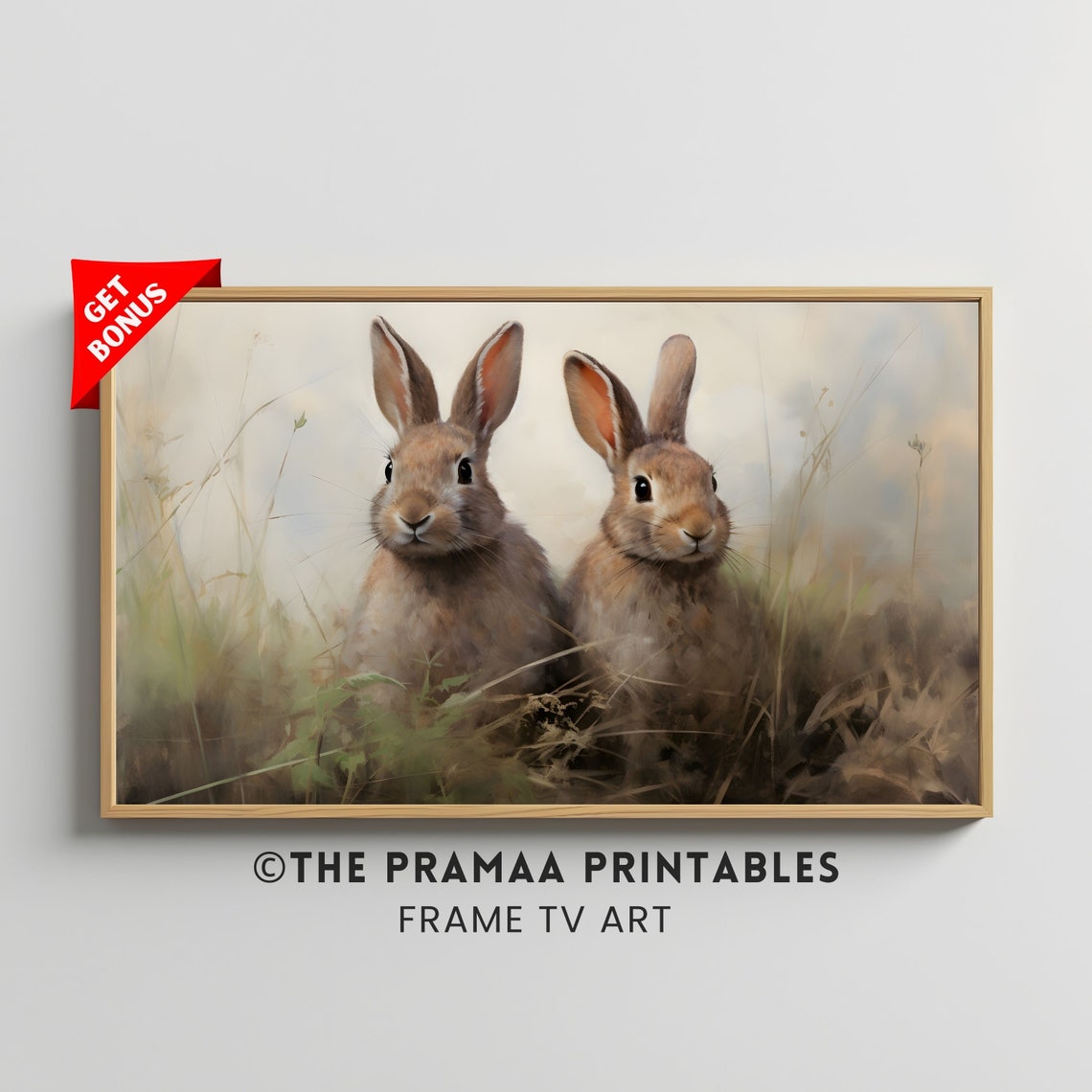 Two Bunnies Resting in Golden Grass Vintage Spring Rabbit Poster