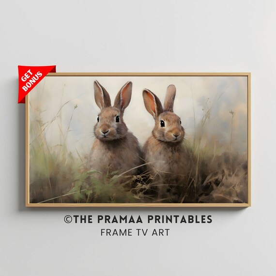 Two Bunnies Resting in Golden Grass Vintage Spring Rabbit Poster