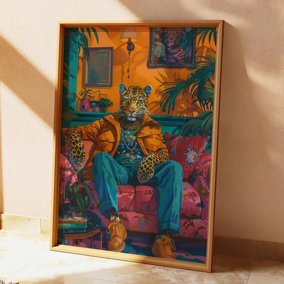 Leopard in Jacket and Jeans Lounging Tropical Room Eclectic Poster