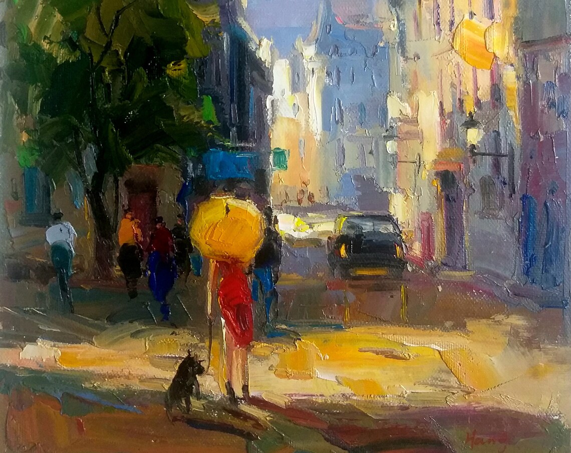 Woman Red Dress Yellow Umbrella Night City Street Lights Poster