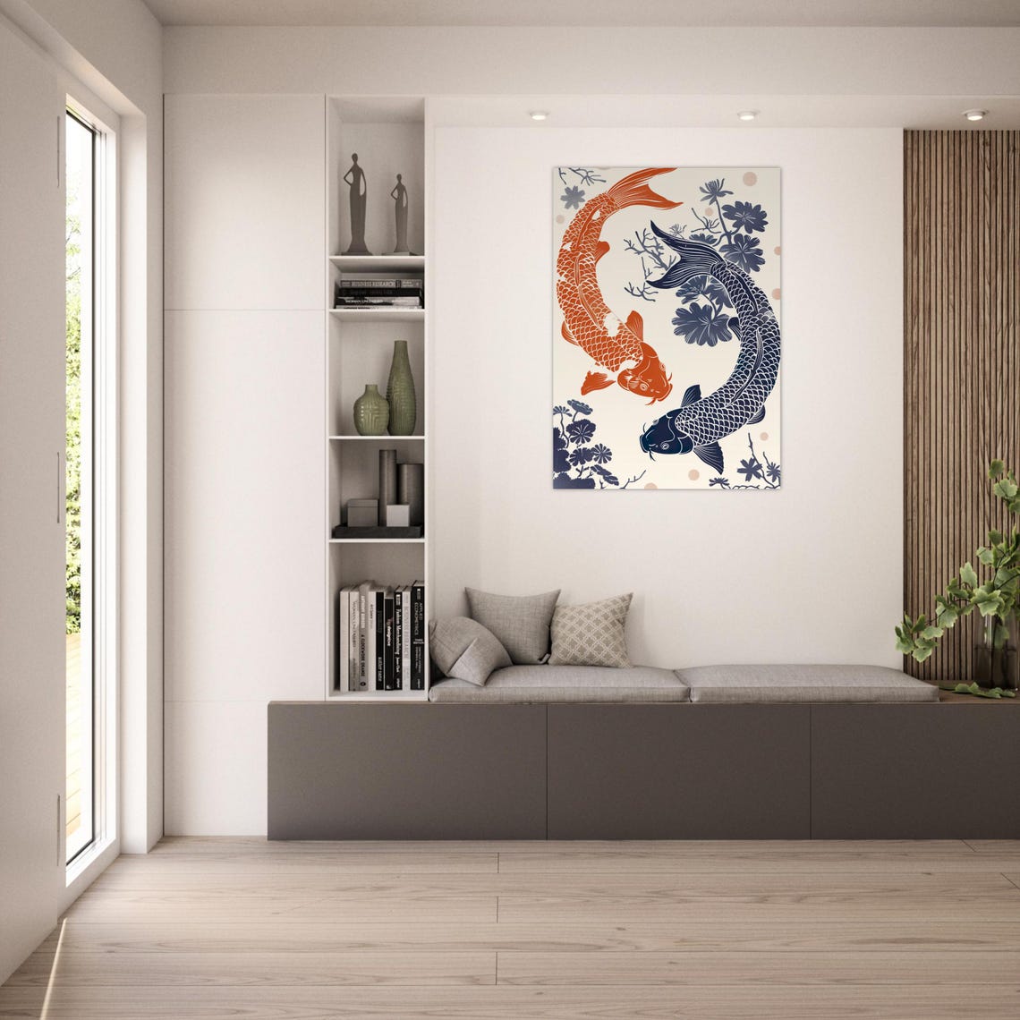 Koi Fish Poster Two Koi Fish In Linocut Style Harmony And Balance In Blue And Orange Premium Posters In A4 To A0 Koi Yin Yang - Image 3