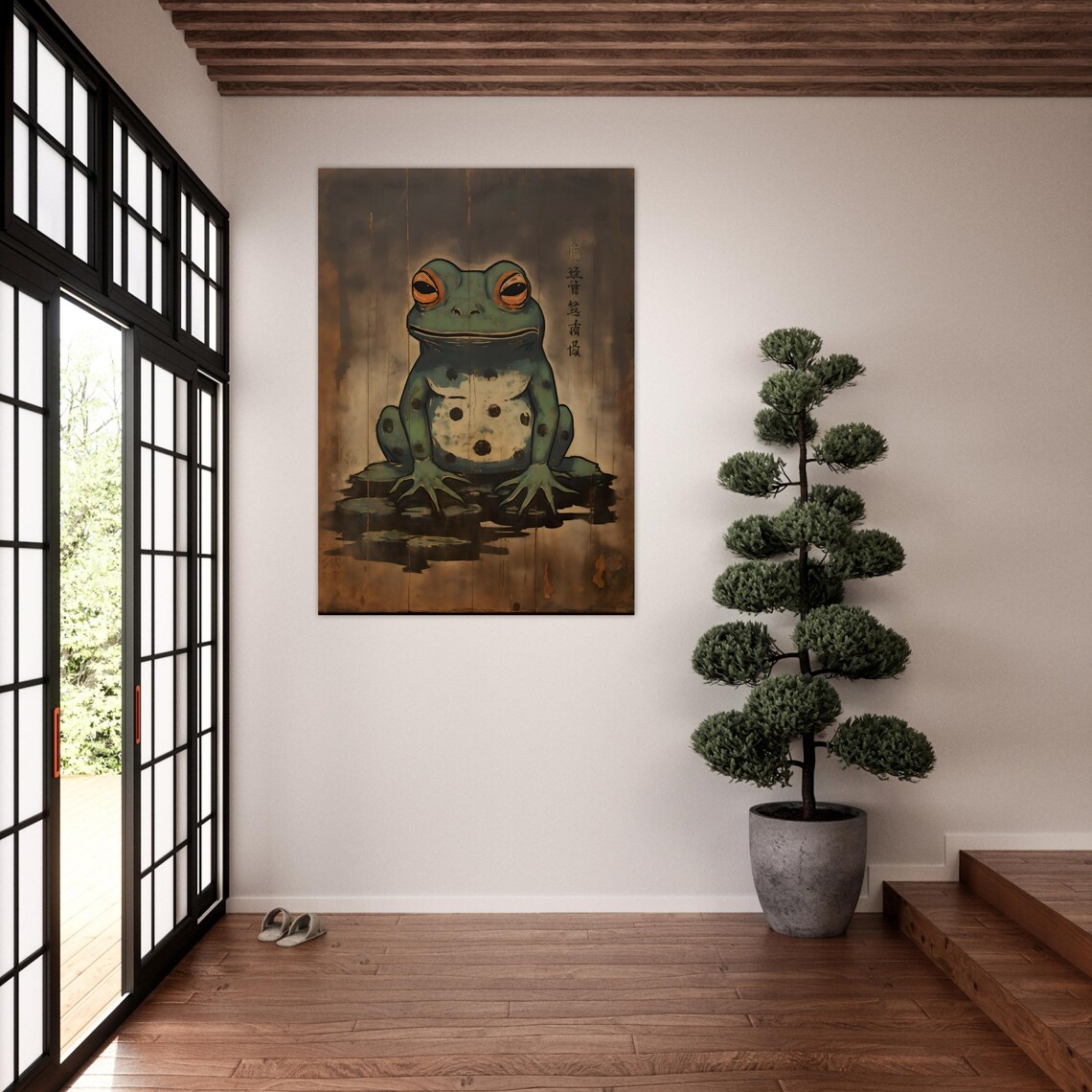 Japanese Woodblock Style Spotted Frog Portrait On Dark Vintage Background Poster - Image 4