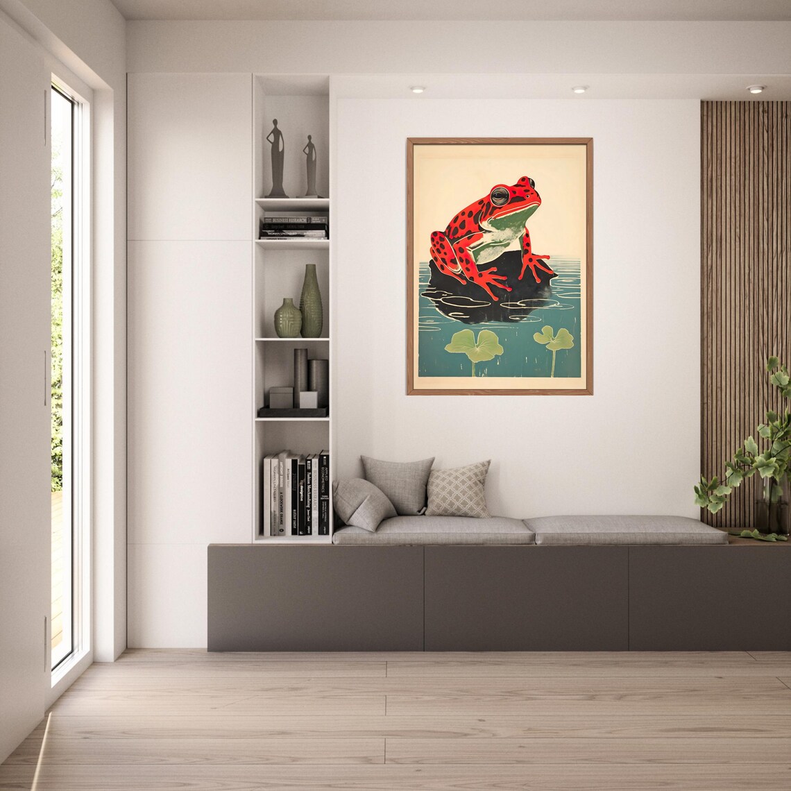 Japanese Woodblock Style Red Spotted Frog On Rock Above Lily Pads Poster - Image 7