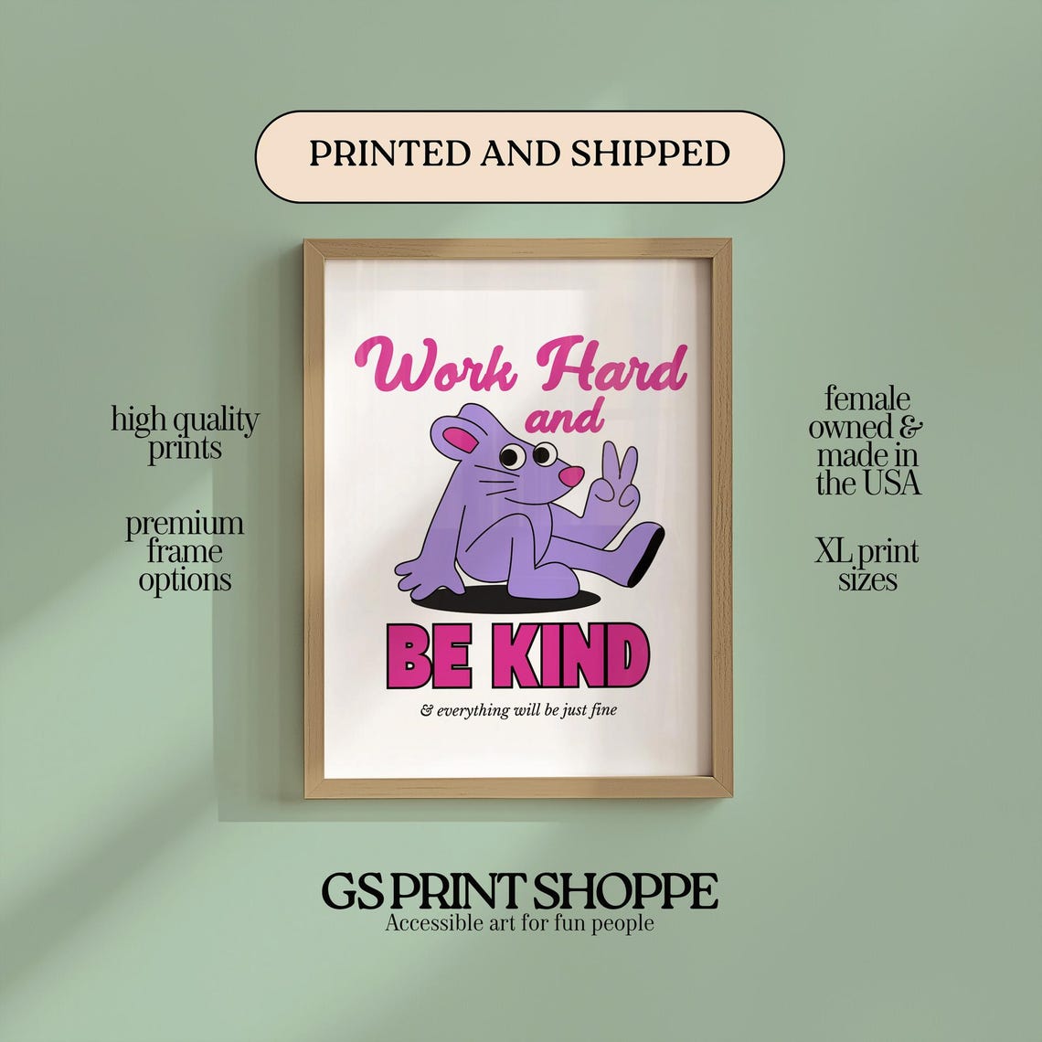 Work Hard Be Kind Purple Cat Cartoon Retro Motivational Poster
