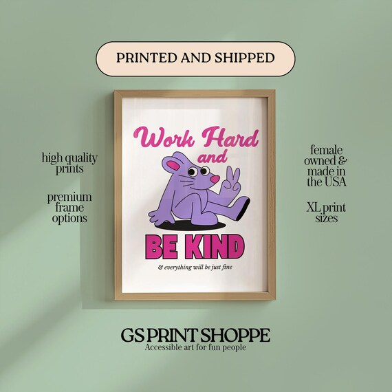 Work Hard Be Kind Purple Cat Cartoon Retro Motivational Poster