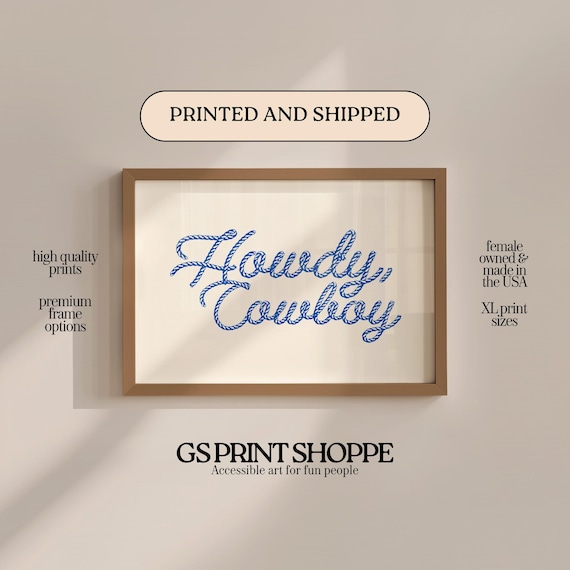 Howdy Cowboy Blue Rope Script Lettering Print Western Typography Decor