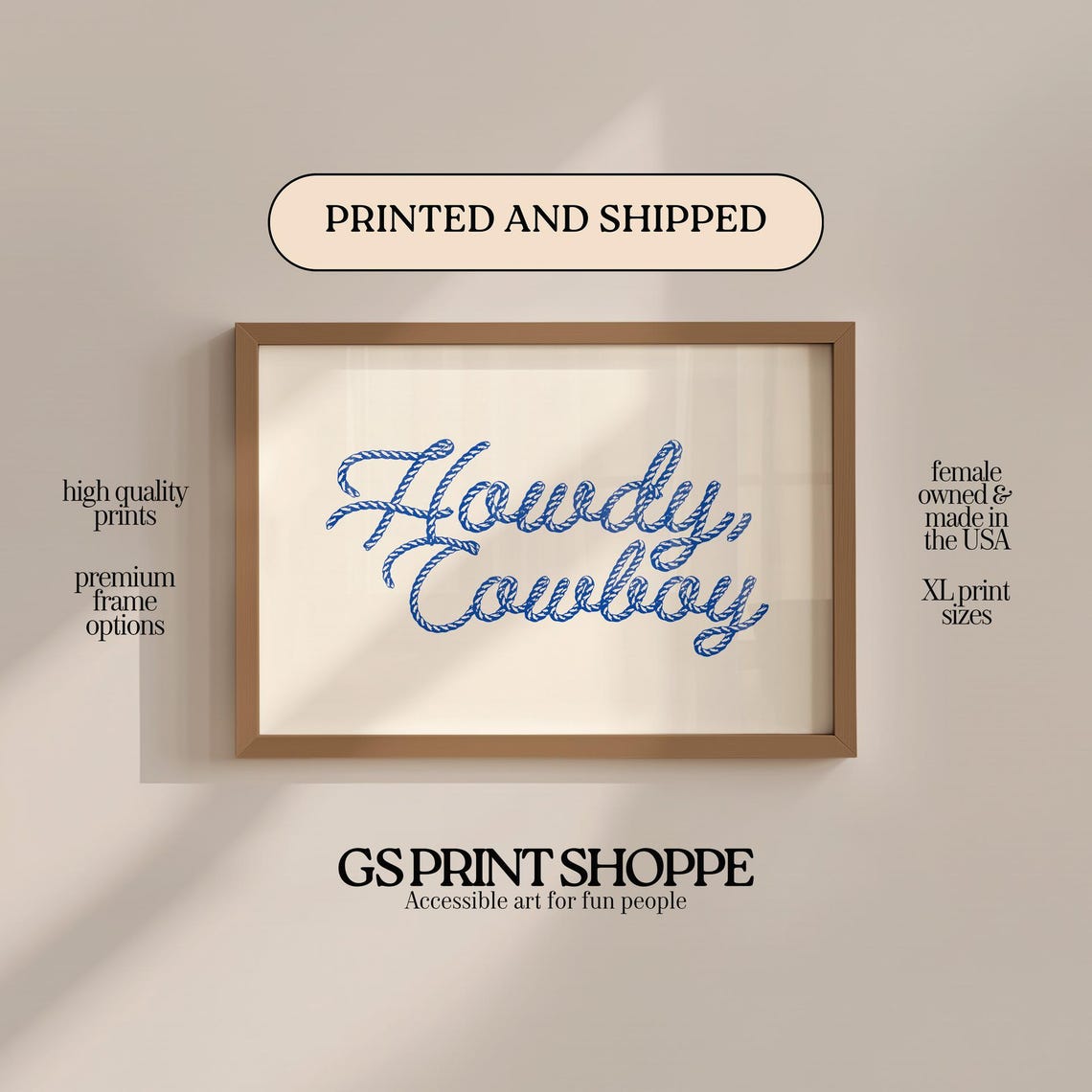 Howdy Cowboy Blue Rope Script Lettering Print Western Typography Decor