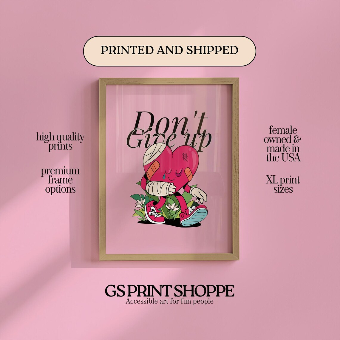 Don't Give Up Inspirational Poster with Bandaged Heart Character Artwork