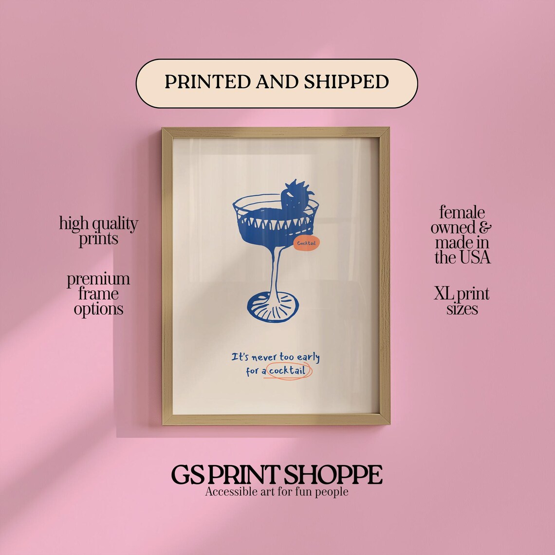 Never Too Early For A Cocktail Hand-Drawn Blue Coupe Glass Art Print