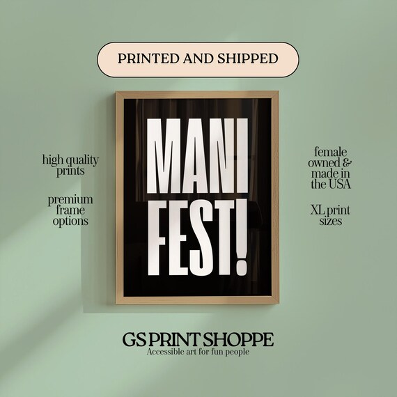 Manifest Bold White Typography Black Background Affirmation Poster