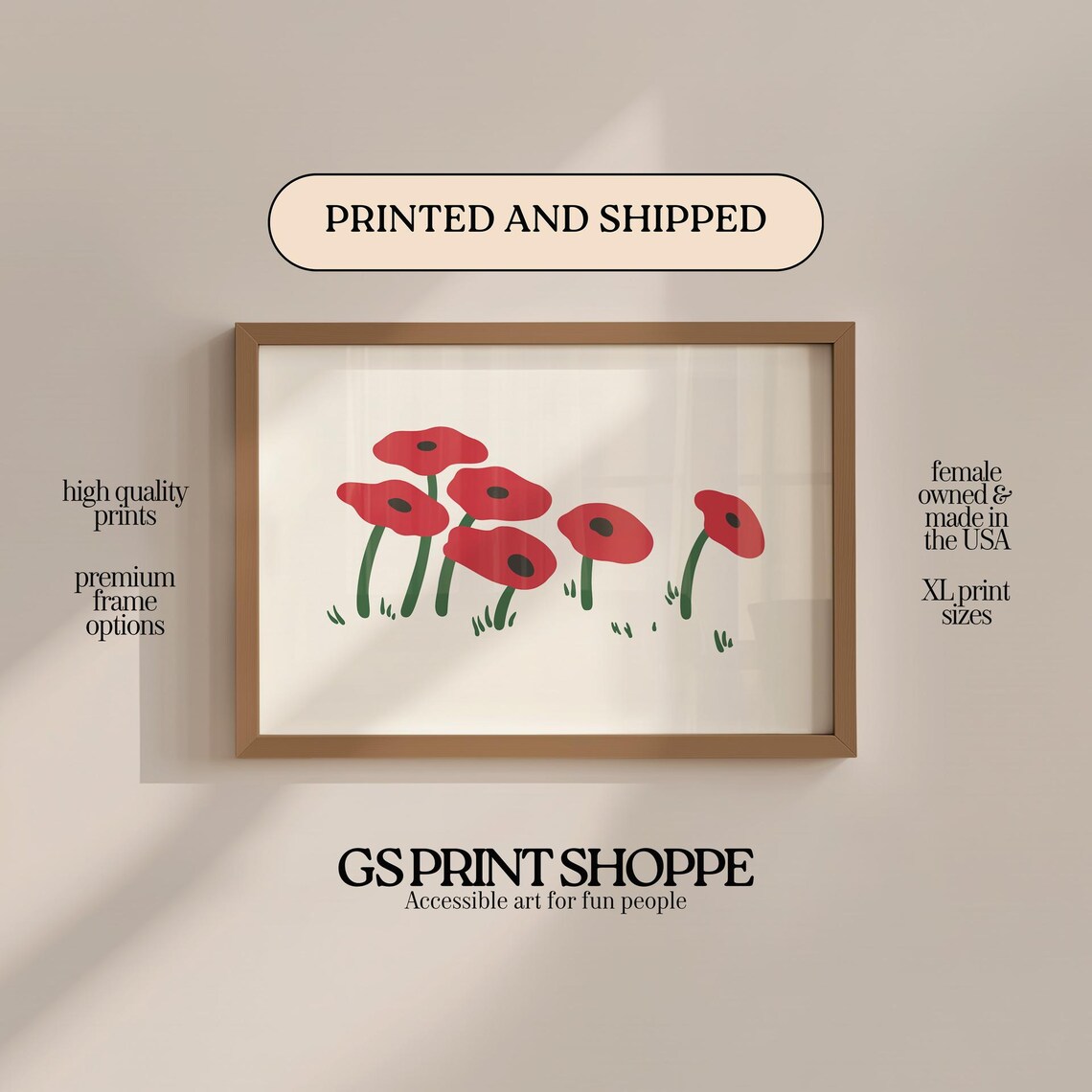 Red Poppies Minimalist Field Flowers Horizontal Botanical Poster