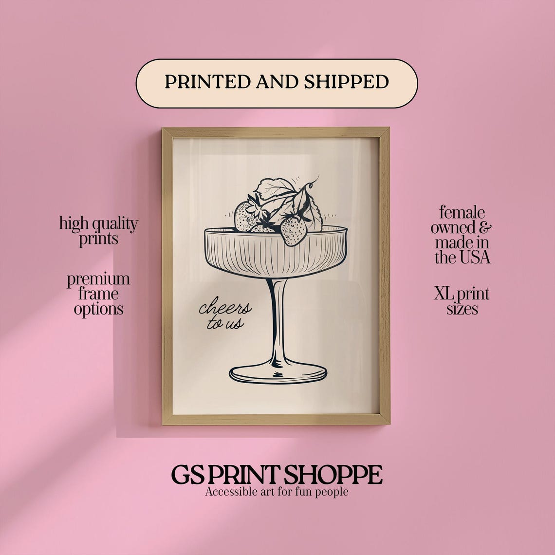 Cheers To Us Cocktail Coupe Strawberry Line Art Bar Decor Poster