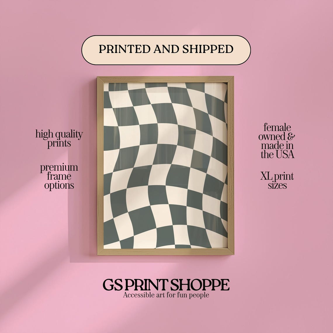 Gray Wavy Checkerboard Optical Illusion Retro Abstract Poster