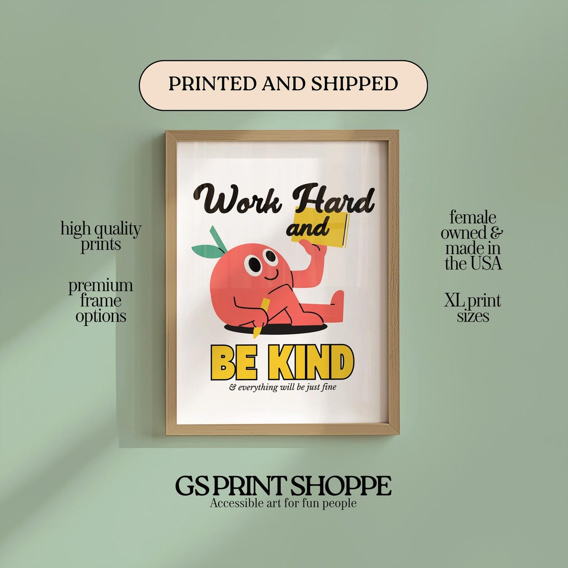 Work Hard Be Kind Red Apple Cartoon Retro Motivational Poster