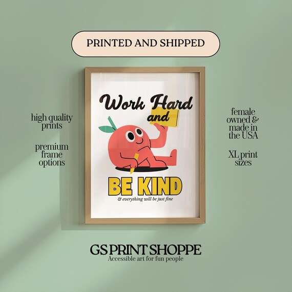 Work Hard Be Kind Red Apple Cartoon Retro Motivational Poster