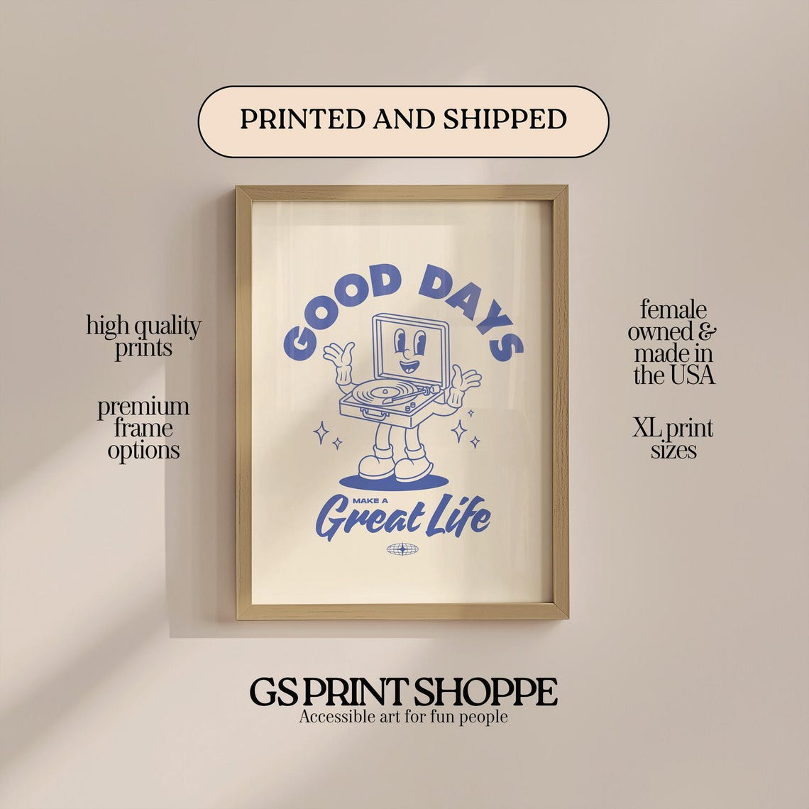 Good Days Make A Great Life Blue Record Player Retro Cartoon Poster