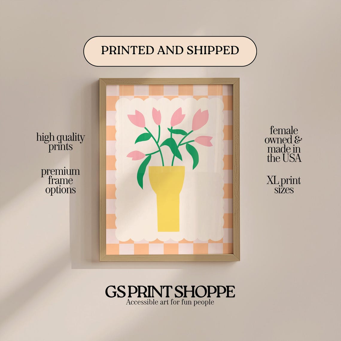 Pink Tulips Yellow Vase Gingham Check Cute Floral Kitchen Wall Art