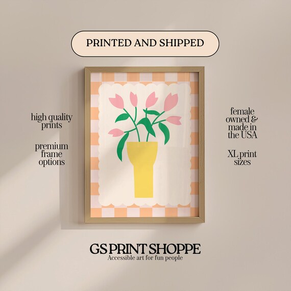 Pink Tulips Yellow Vase Gingham Check Cute Floral Kitchen Wall Art