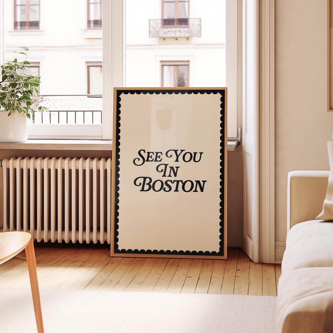 See You In Boston Retro Typography Cream Black Scalloped Poster