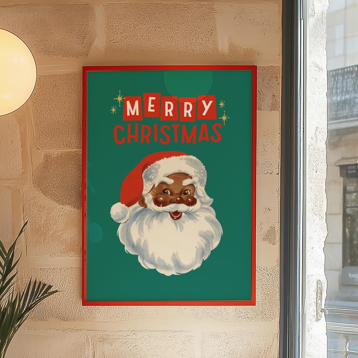 Merry Christmas Santa Poster Retro Black Santa Face Green Holiday