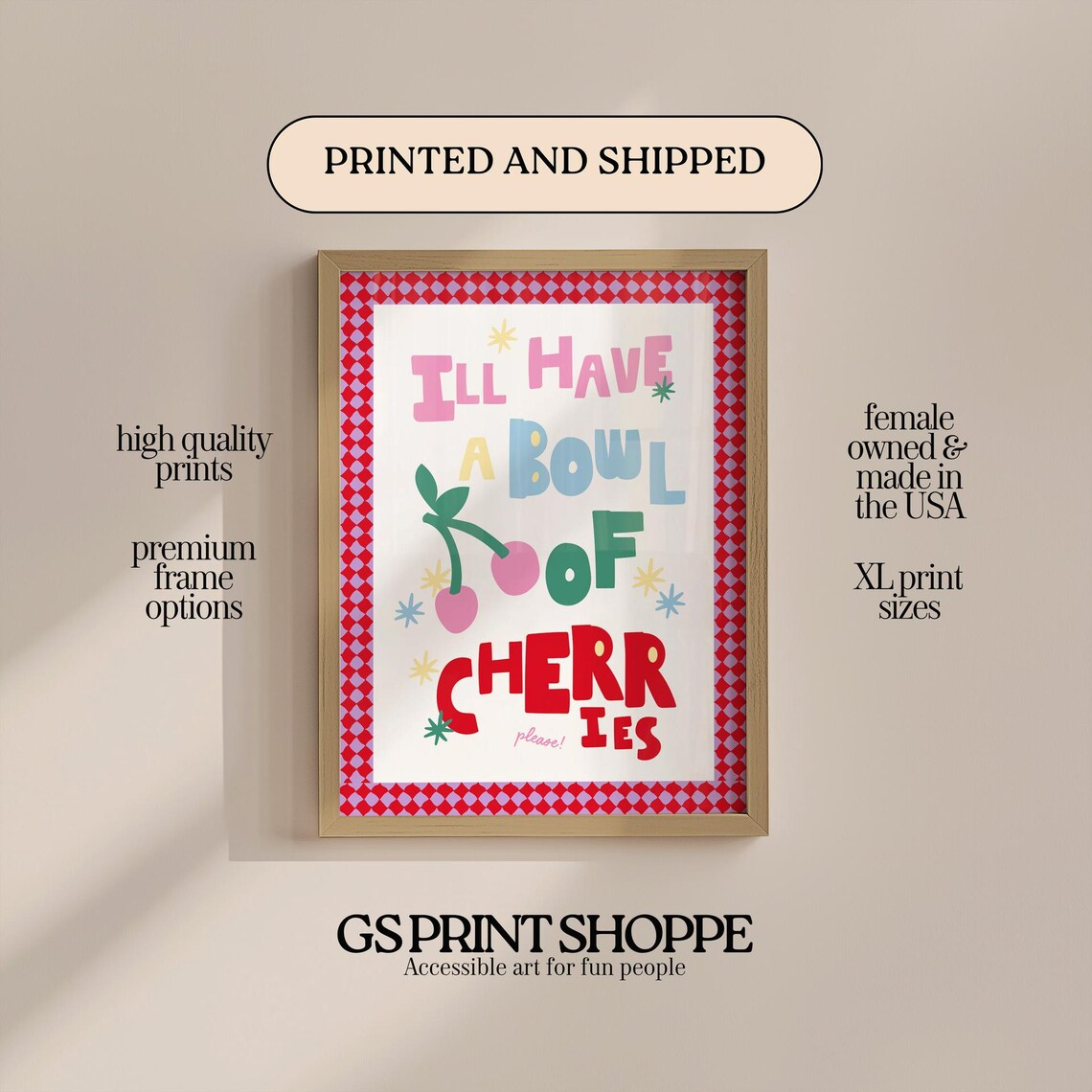 I Will Have A Bowl Of Cherries Colorful Gingham Kitchen Wall Art