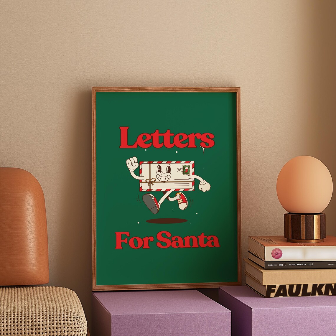 Letters For Santa Retro Cartoon Mailbox Green Christmas Kids Poster - Image 2