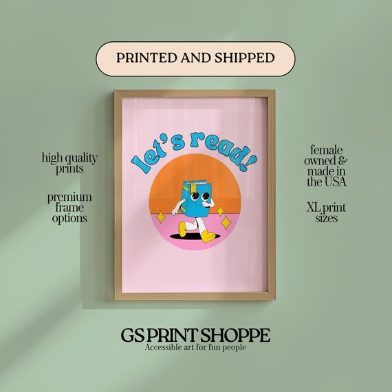 Pink Lets Read Cute Cartoon Book Mascot Retro Classroom Poster