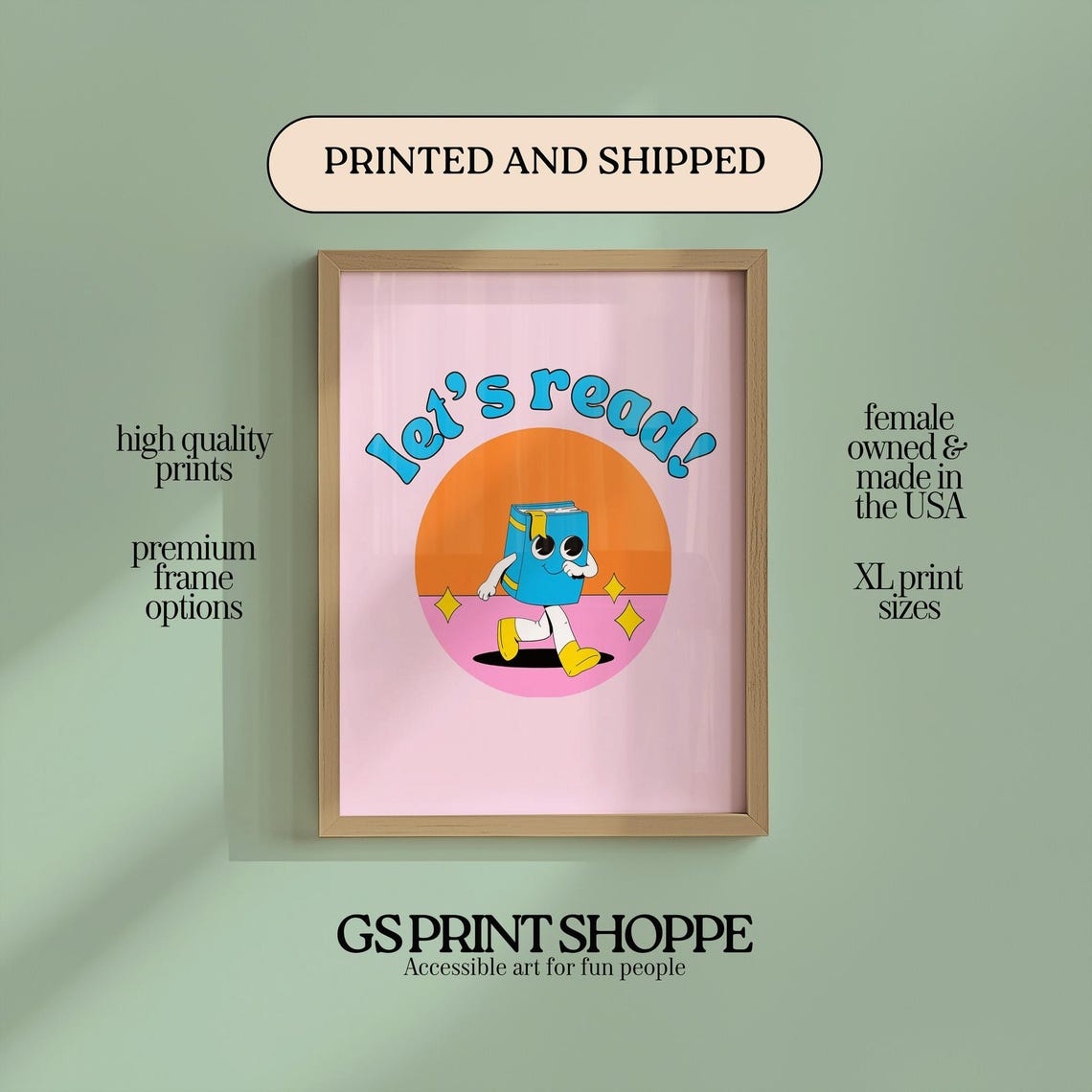 Pink Lets Read Cute Cartoon Book Mascot Retro Classroom Poster